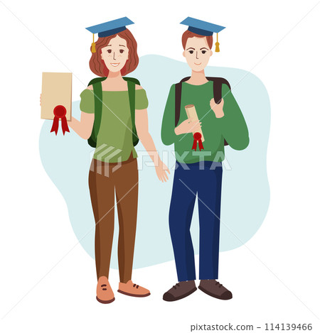 Happy graduate students with diplomas on white background. Vector illustration. Happy graduate students with diplomas on white background. Vector illustration. 114139466