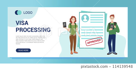 Visa processing banner template. The form of an approved visa. Happy people keep a foreign passport. Students will study in another country. Visa processing banner template. The form of an approved visa. Happy people keep a foreign passport. Students will study in another country. 114139548