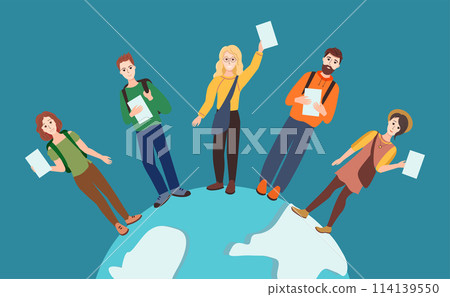 Happy students from different countries hold diplomas, stand on the globe. Happy students from different countries hold diplomas, stand on the globe. 114139550