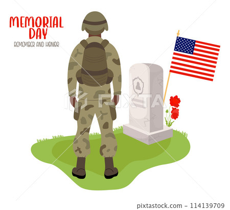 Memorial Day. Military soldier stands in front of grave with tombstone with American flag and red poppy flowers. Veterans Cemetery. Vector illustration for design national traditional holidays . Memorial Day. Military soldier stands in front of grave with tombstone with American flag and red poppy flowers. Veterans Cemetery. Vector illustration for design national traditional holidays . 114139709