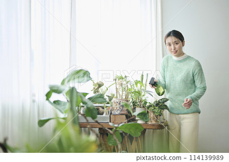 一名 20 多歲的女性正在照顧室內植物 114139989