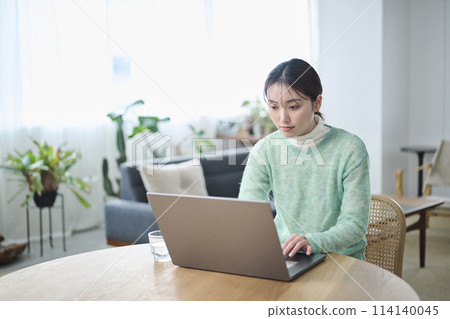 A woman in her twenties working on a computer in the living room A woman in her twenties working on a computer in the living room 114140045