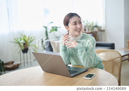 Women in their 20s chatting while working on a computer 114140089