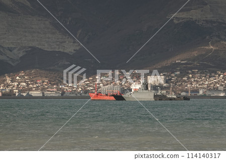 Novorossiysk, Russia - 22 August 2023 Military warship, Russian Navy 114140317