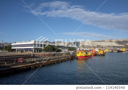 Novorossiysk, Russia - 18 August 2023 Novorossiysk Marine Station building Novorossiysk, Russia - 18 August 2023 Novorossiysk Marine Station building 114140340