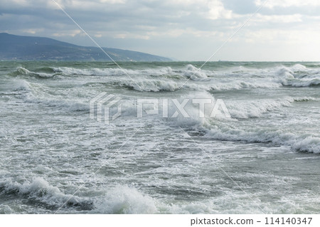 View of a stormy seascape of waves and the Black Sea View of a stormy seascape of waves and the Black Sea 114140347