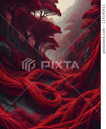 Red and black abstract painting of a twisted, tangled mass of threads with the lines seemingly twisting and turning in all directions, Generative AI. 114140411