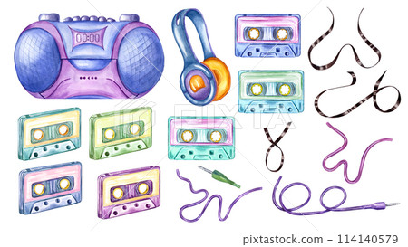Set of Music accessories. Boombox player, audio cassettes, wires and headphones. Tape recorder, Earpieces for listening to music. Retro 90s, 2000s style. Watercolor illustration for nostalgia design 114140579
