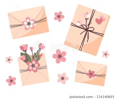Kraft envelopes set with blossom sakura flower isolated on white background 114140603