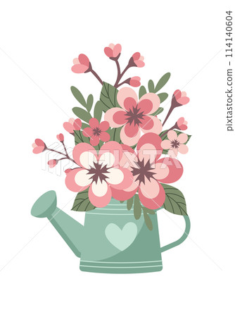 Watering can with blossom sakura flower isolated on white background 114140604