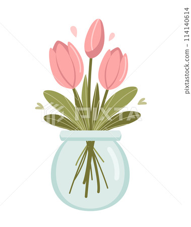 Pink tulips in a glass vase isolated on white background. Spring bouquet. Vector illustration. Flat cute style. Pink tulips in a glass vase isolated on white background. Spring bouquet. Vector illustration. Flat cute style. 114140614