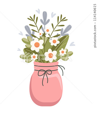 Spring flowers in a pink vase isolated on white background. Spring bouquet. Vector illustration. Flat cute style. Spring flowers in a pink vase isolated on white background. Spring bouquet. Vector illustration. Flat cute style. 114140615