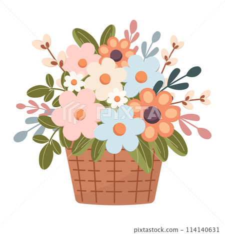 Spring flowers in a busket isolated on white background. Spring bouquet. Vector illustration. Flat cute style. 114140631