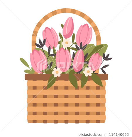 Wicker basket with pink tulips isolated on white background. Cute flat style 114140633