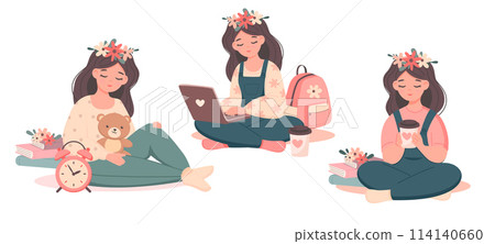 Tired girl student sitting with books, studing at laptop with coffee, teddy bear and alarm clock set. 114140660