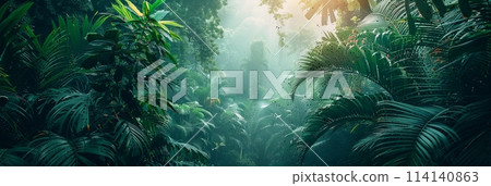 Illustration of a wild tropical jungle in muted green colors, , bright sun rays penetrating through palm trees and plants, banner 114140863