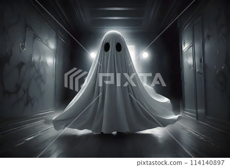 Menacing ghostly figure under a white sheet stands in a dimly lit corridor, creating a classic spooky Halloween ambiance, generated with AI. 114140897