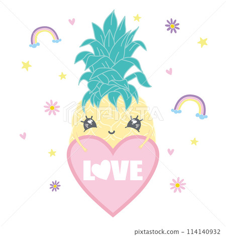 Cute cartoon character Pineapple with a heart and the inscription love you. Cute cartoon character Pineapple with a heart and the inscription love you. 114140932