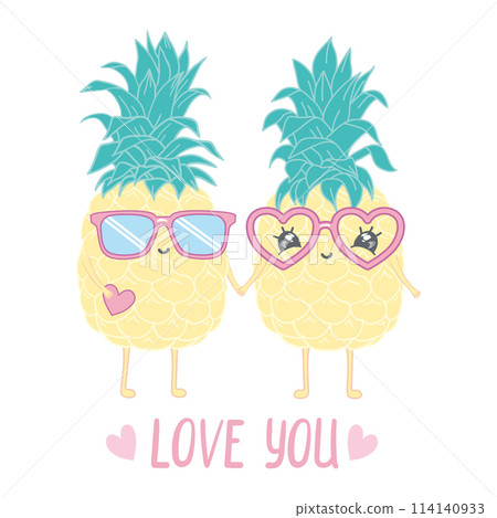 Cute cartoon character Pineapple with a heart and the inscription love you. 114140933