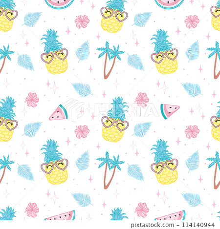 Seamless background with realistic pineapple in glasses. Ideal for invitations, greeting cards, wrapping paper, posters, fabric prints. 114140944