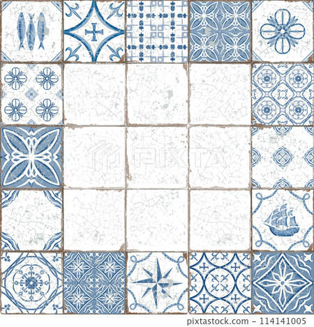 Mediterranean style ceramic tiles with cracked and scuffed seams with Portuguese symbols in square frame. Isolated on white background watercolor illustration with empty space in the center 114141005