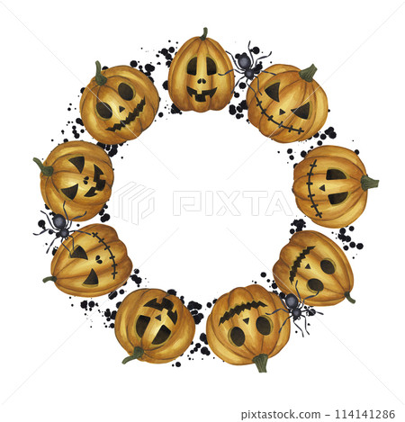 Halloween round frame. Carved orange pumpkin, spider, black splatter spots wreath. Jack o Lantern, illuminating the way. Cartoon clipart. Hand drawn watercolor illustration isolated background. Halloween round frame. Carved orange pumpkin, spider, black splatter spots wreath. Jack o Lantern, illuminating the way. Cartoon clipart. Hand drawn watercolor illustration isolated background. 114141286