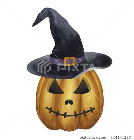 Halloween Jack o Lantern in black witch hat, carved orange pumpkin illuminating the way. Cartoon clipart, simple spooky picture. Hand drawn watercolor illustration isolated on white background 114141287