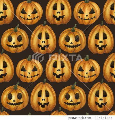 Halloween seamless pattern Jack o Lantern, carved orange pumpkin illuminating the way. Cartoon clipart. Hand drawn watercolor illustration dark background. For textile design, wrapping paper Halloween seamless pattern Jack o Lantern, carved orange pumpkin illuminating the way. Cartoon clipart. Hand drawn watercolor illustration dark background. For textile design, wrapping paper 114141288