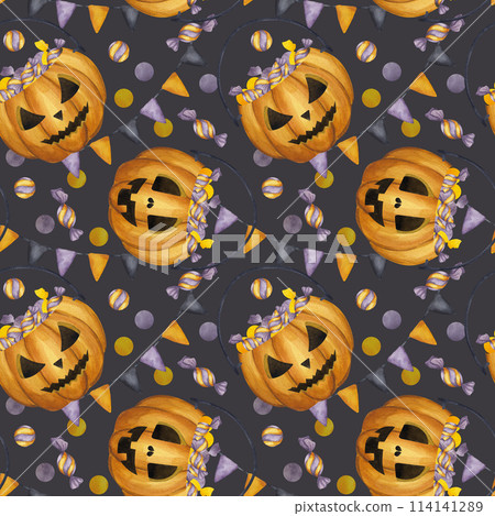 Halloween seamless pattern Jack o Lantern, carved orange pumpkin sweet candy, garland flags. Cartoon clipart. Hand drawn watercolor illustration dark background. For textile design, wrapping paper 114141289
