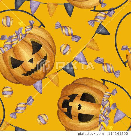 Halloween seamless pattern Jack o Lantern, carved orange pumpkin sweet candy, garland flags. Cartoon clipart. Hand drawn watercolor illustration orange background. For textile design, wrapping paper 114141290