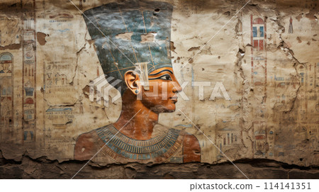 Ancient Egyptian worn painting of pharaoh or queen face on old wall, vintage fresco texture background. Theme of Egypt, art, woman portrait, face, history, culture 114141351