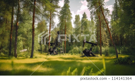Oil rig in forest. Fir trees and oil pumps. Generative AI 114141364