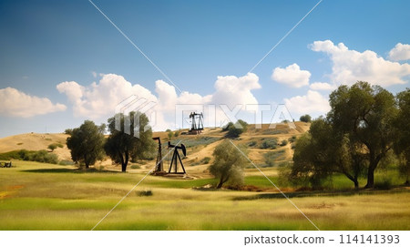 Oil pump on on hills landscape. Oil pumps. Generative AI 114141393