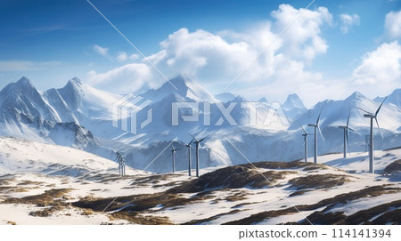Power generating Windmills in Mountains. Green energy. Generative AI Power generating Windmills in Mountains. Green energy. Generative AI 114141394