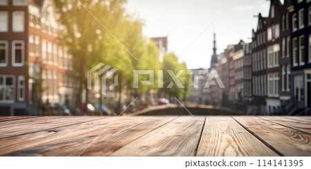 Wood table mockup with Amsterdam city street in shallow depth of field. Copy space for product. Generative AI 114141395