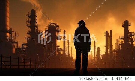 A working engineer in a hard hat stands in front of an oil refinery petrochemical chemical industrial plant with equipment. AI generated 114141643