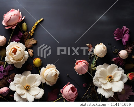 Beautiful flowers on black background. Flat lay, top view. 114141699