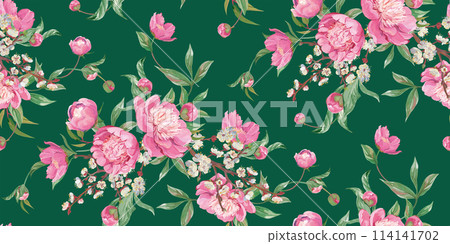 Seamless realistic pattern drawn with pink peonies in a classic oriental style 114141702