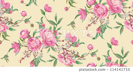 Seamless realistic pattern drawn with pink peonies in a classic oriental style 114141710