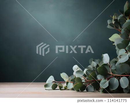 Eucalyptus branches with green leaves on wooden table, space for text 114141775