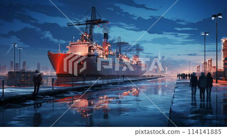 A large cargo ship for the delivery of goods is moored in the seaport at night. AI generated 114141885