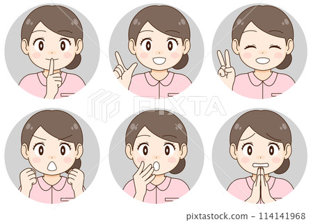 年輕女護士(或護理人員)的 6 種面部表情和姿勢(圈出) 年輕女護士(或護理人員)的 6 種面部表情和姿勢(圈出) 114141968