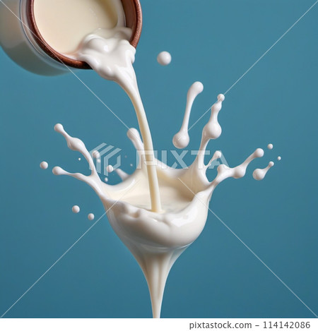 A stream of fresh milk is being poured from a ceramic jug, causing a lively splash that contrasts strikingly with smooth blue backdrop. The dynamic shapes formed by milk mid-air suggest both fluidity 114142086