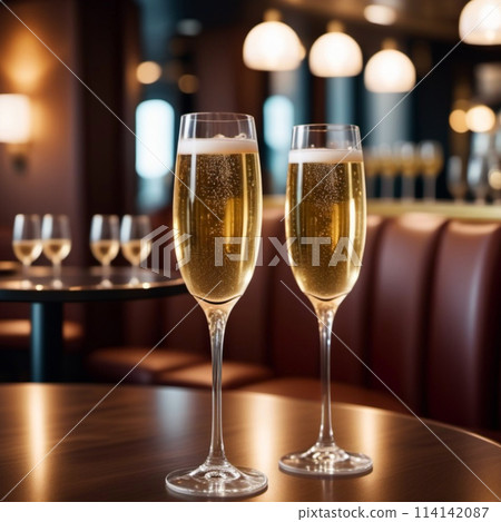 Two tall champagne flutes filled with sparkling champagne are positioned on a polished wooden bar surface, awaiting a celebratory toast. Ambient lighting and blurred background of additional glassware Two tall champagne flutes filled with sparkling champagne are positioned on a polished wooden bar surface, awaiting a celebratory toast. Ambient lighting and blurred background of additional glassware 114142087