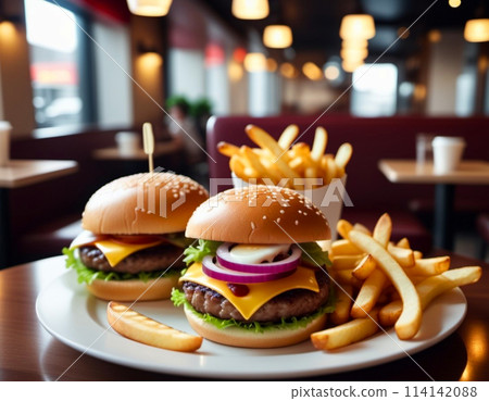 Two cheeseburgers with lettuce, cheese, and onion are presented on a white plate alongside a serving of crisp, golden fries. The table setting appears to be in a casual diner. Cozy mealtime ambiance 114142088