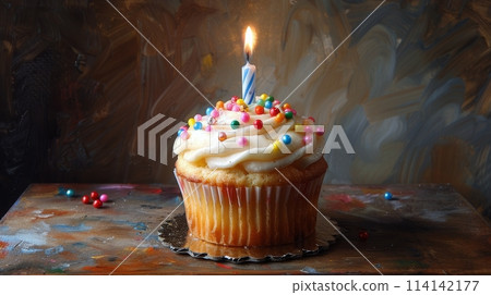 A cupcake with a lit candle on top 114142177