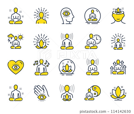 Yoga meditation line icons. Body balance, person relax and energy meditation set. Mind harmony, health meditate and self concentrate line icons. Listen relax sound, yoga mind therapy. Vector 114142630