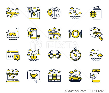 Travel line icons. Passport, Luggage, Check in airport icons. Airplane flight, Sunglasses, Hotel building. Passport check in document, Sea diving. Restaurant hotel food, luggage travel. Vector 114142659