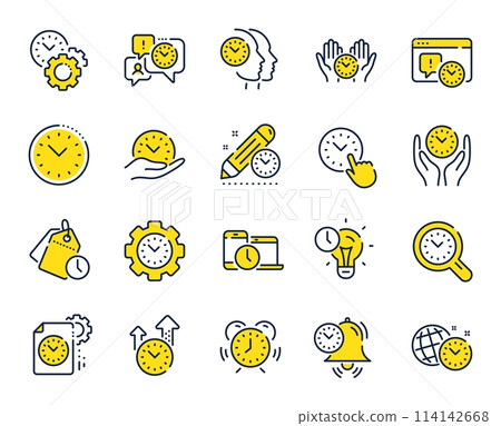 Time management line icons. Alarm clock, timer plan and project deadline signs. Countdown clock, time log and appointment reminder icons. People work, watch and office timer. Vector Time management line icons. Alarm clock, timer plan and project deadline signs. Countdown clock, time log and appointment reminder icons. People work, watch and office timer. Vector 114142668