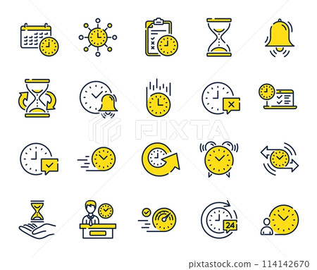 Time line icons. Set of Calendar, Time management timer and Delivery service linear icons. Checklist, Stopwatch timer and hourglass. 24 hours and Presentation, calendar, checklist test. Vector 114142670